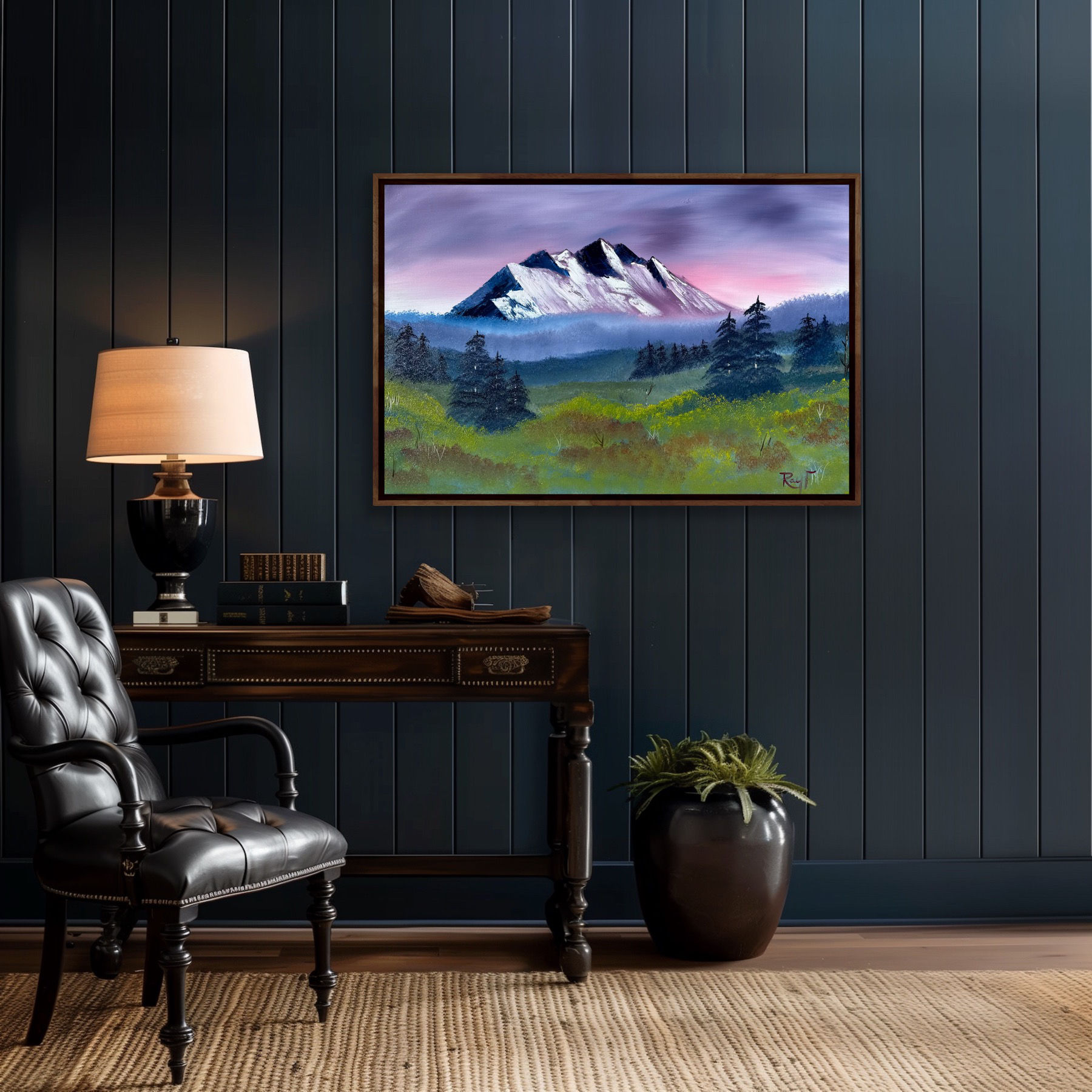 “Green Pastures”, Original Hand Painted Mountain Scene, Lavender Sky Painting