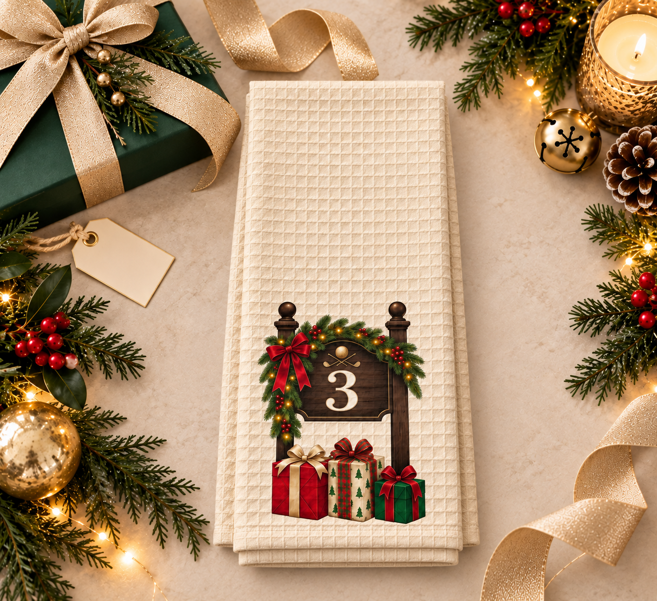 Christmas golf tea towel featuring a festive wooden golf hole sign with garland, red bow, holiday lights and wrapped gifts