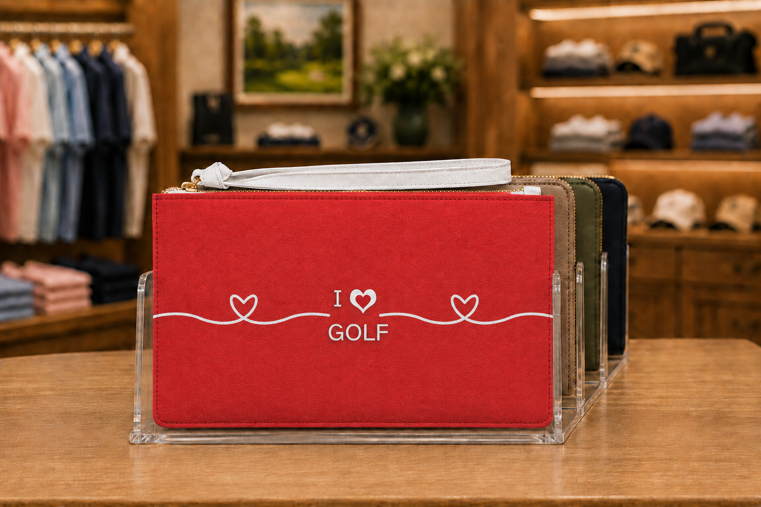 Red golf clutch for women featuring a white I Love Golf heart design and wrist strap.