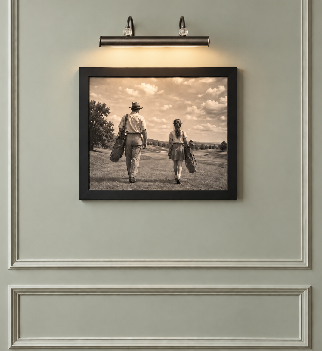 Vintage golf wall art featuring a father and daughter walking together on the golf course in a timeless black-and-white scene
