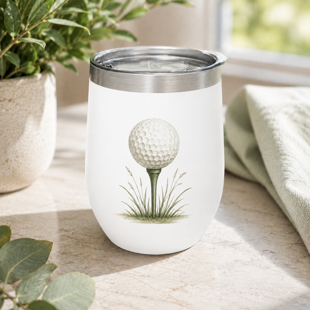 White 12 oz insulated wine tumbler featuring a watercolor golf ball on a tee surrounded by soft sage green grass.