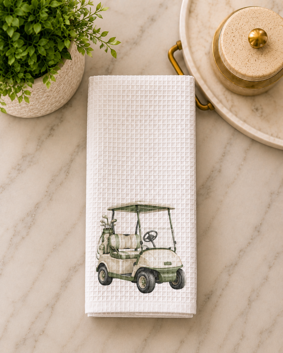 Golf cart tea towel with elegant cream and sage green golf cart design