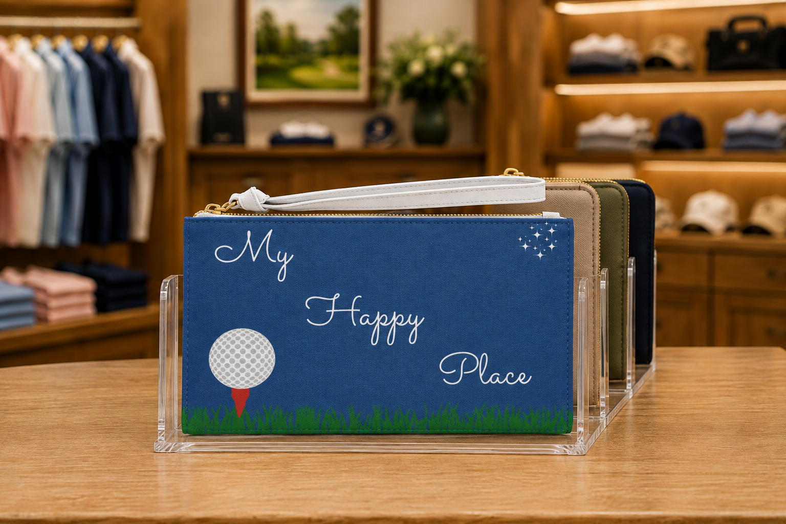 My Happy Place golf clutch for women featuring a stylish golf-inspired design and convenient wrist strap.