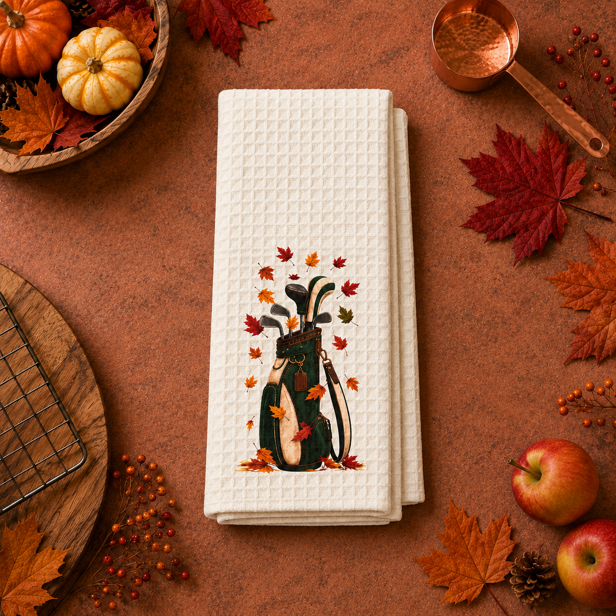 Autumn golf tea towel with vintage green golf bag and colorful falling leaves on warm ivory waffle fabric