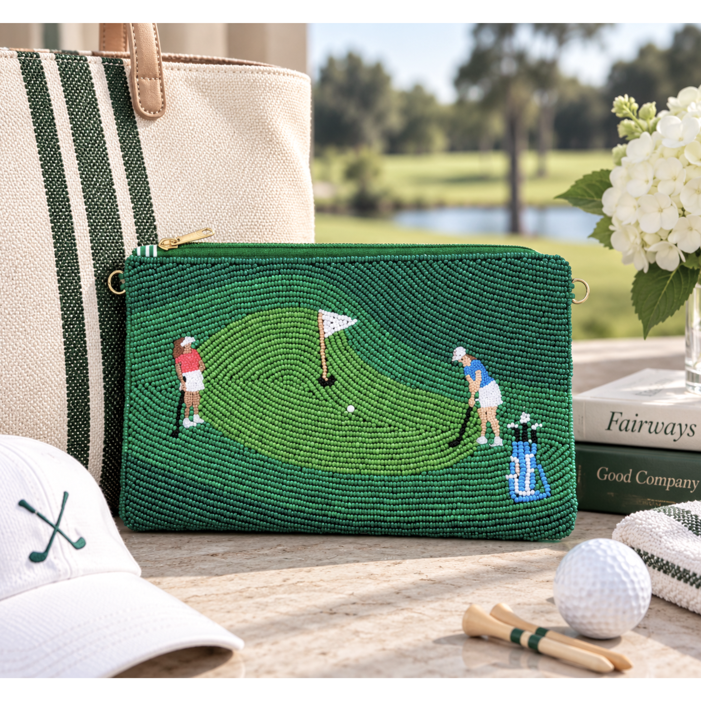 Elegant beaded golf clutch with two-sided golfer and Birdie design and detachable shoulder strap