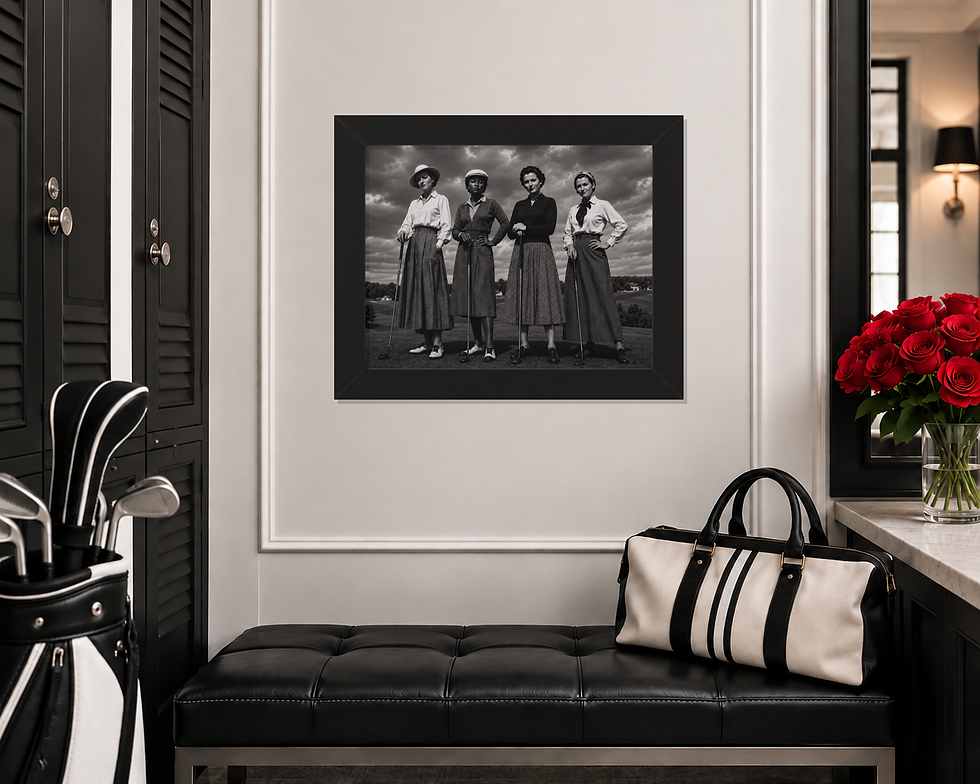 Thumbnail: Vintage golf wall art featuring four women golfers walking together on the course in a timeless black-and-white scene
