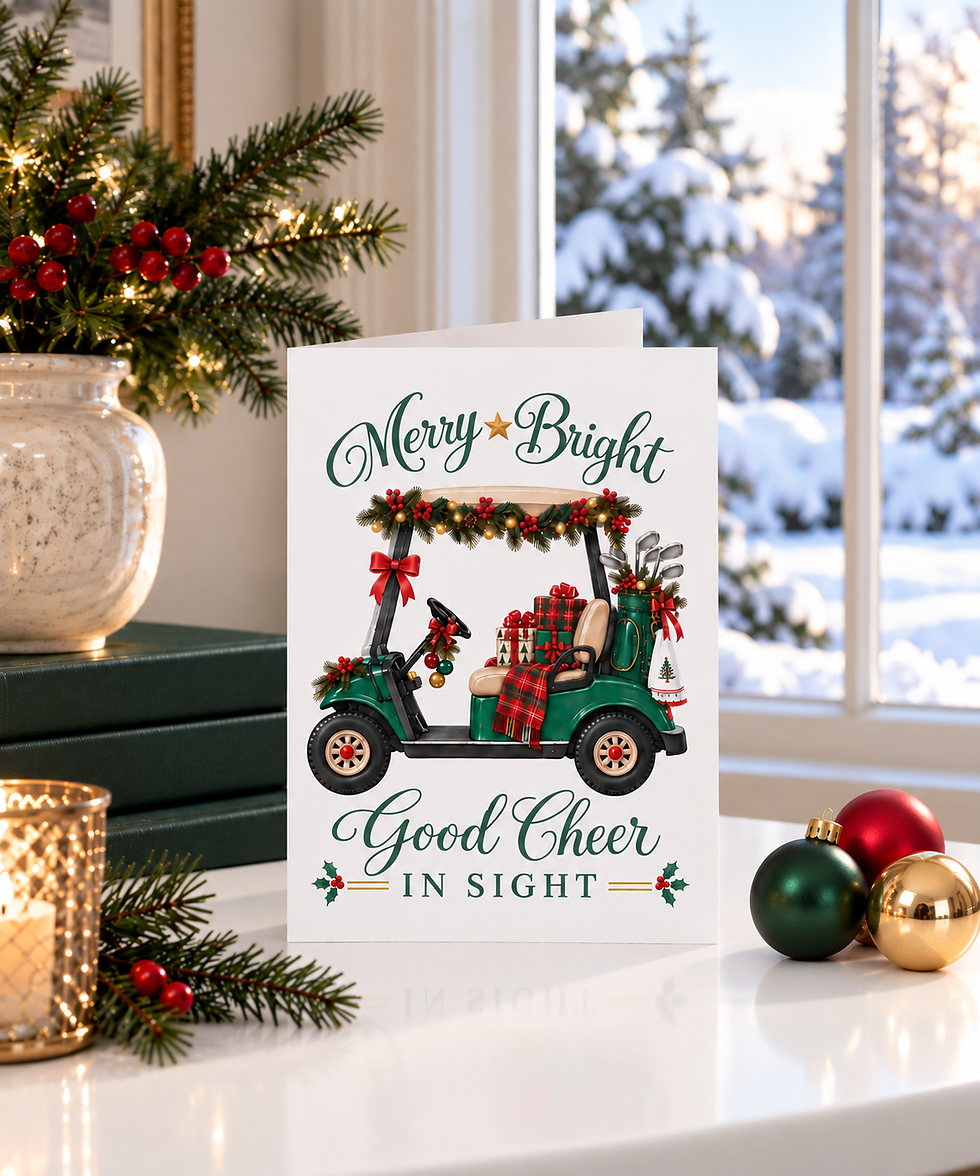 Thumbnail: Festive golf Christmas card featuring a decorated green golf cart with holiday garland, gifts and golf clubs