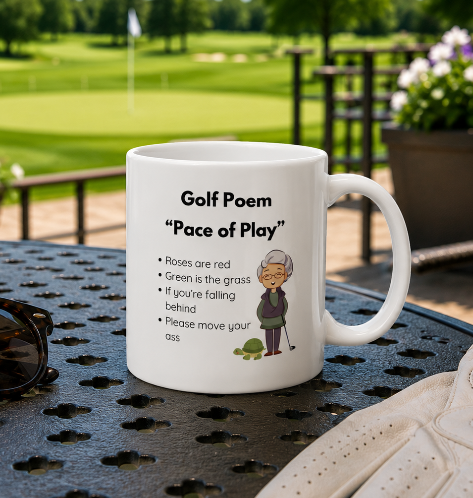 Funny golf mug featuring Sassy Grandma Pace of Play poem with golfer and turtle illustration