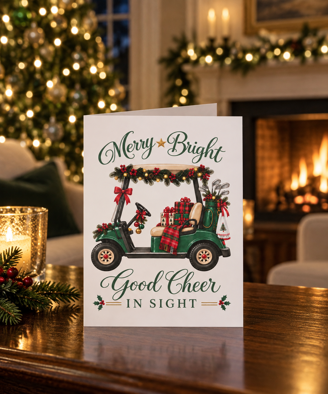 Festive golf Christmas card featuring a decorated green golf cart with holiday garland, gifts and golf clubs