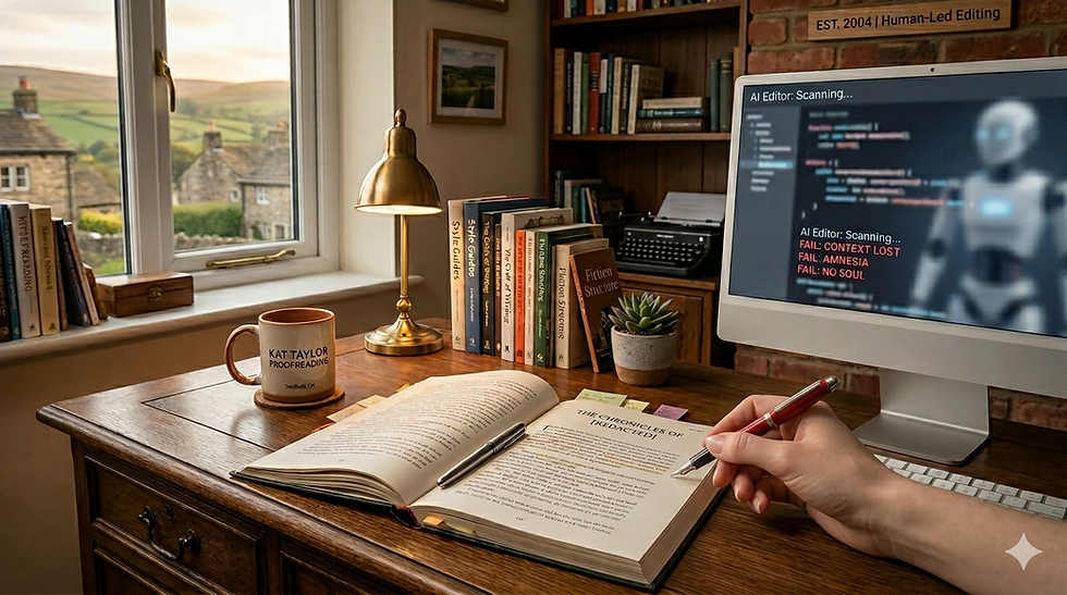 A cozy study with books, a mug reading Kat Taylor Proofreading, an open book, and a screen displaying AI editing errors. Scenic view outside. Why human-only proofreading and editing is better than AI.