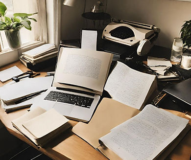 Latop surrounded by stack of manuscript pages