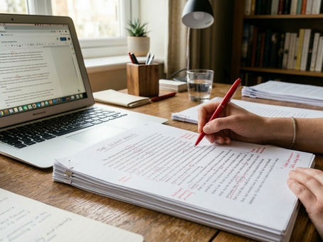 UK manuscript editing services: An editor making manual corrections on a printed manuscript