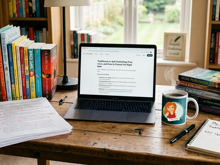 Cozy writing desk with laptop displaying a blog post about traditional publishing vs self-publishing, books, an edited manuscript, KT Proofreading mug, and author checklist notebook.