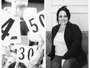 one side is bidders at an auction; one side is a woman sitting on a couch