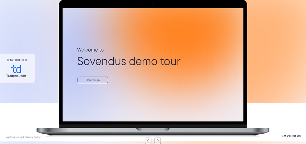 Laptop screen displaying "Welcome to Sovendus demo tour" with gradient background. Left text: "DEMO TOUR FOR Tradedoubler". Button: "Here we go".