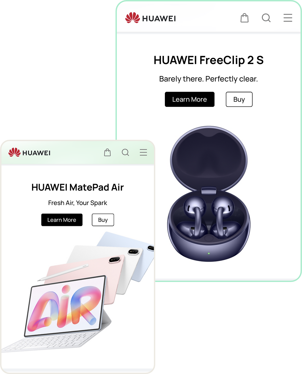 Two Huawei product ad screens showing MatePad Air and FreeClip 2 S, with Learn More and Buy buttons on a clean white background.