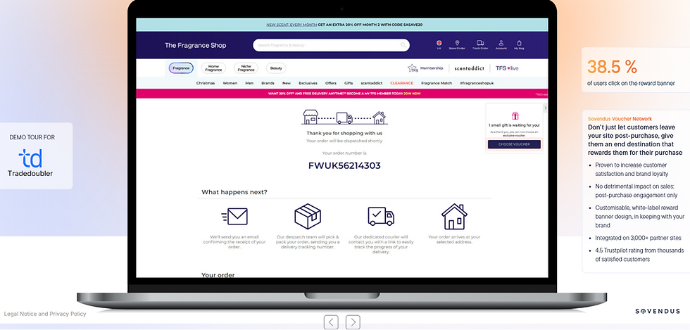Laptop displaying The Fragrance Shop's order confirmation page. On the right, a 38.5% click rate statistic and voucher information.