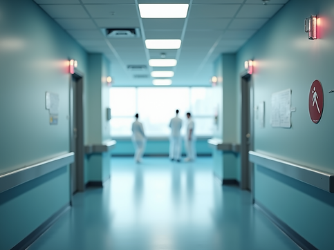 Modern, clean hospital hallway with bright lighting, emphasizing safety signage and profes