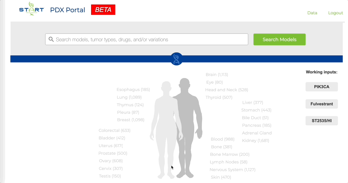 Walkthrough of the PDX Portal: searching by body site, then filtering by the PIK3CA gene and breast cancer to see model counts by drug