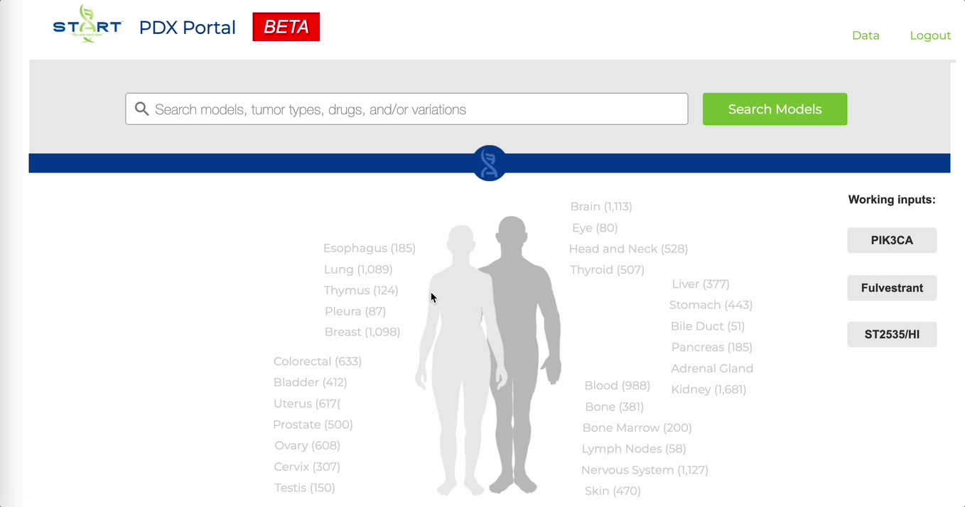 PDX Portal search screen with a body map showing model counts by tumor site