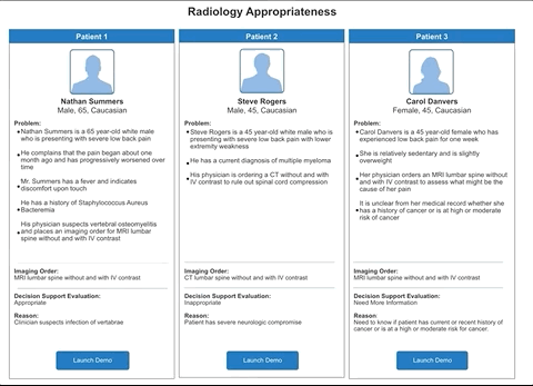 Prototype walkthrough: choosing a patient case, searching for a CT lumbar spine order, answering the order questions and entering a reason for the exam