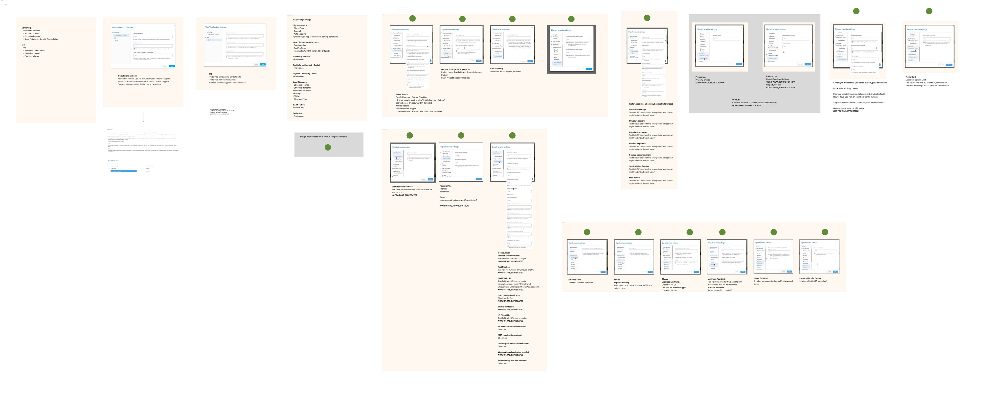 The settings audit board: every existing settings page as a screenshot, annotated with its input type and whether it was kept, deprecated or deferred