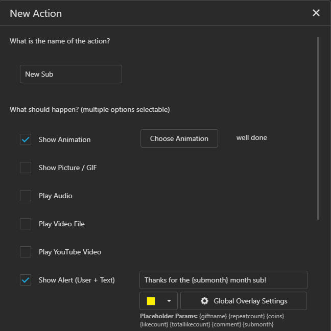 Change the top text to "New Sub" and change the "Show Alert" text to "Thanks for the {submonth} month sub!"