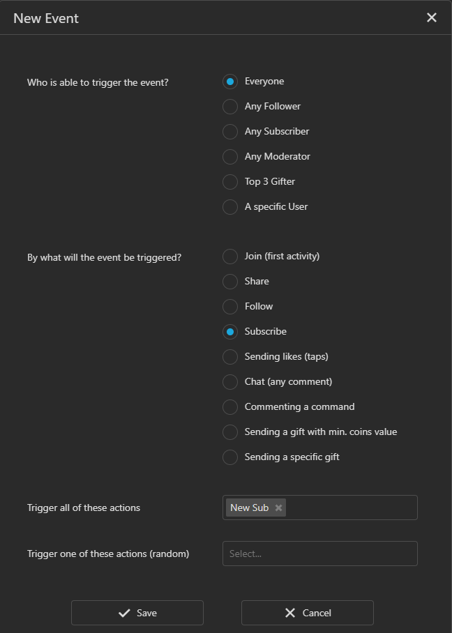Set the trigger to "Subscribe" and choose the "New Sub" action from the list.