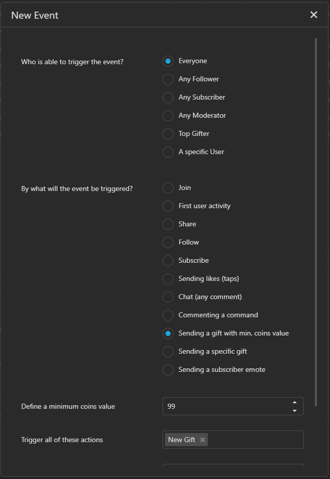 TikFinity event for coins over 99