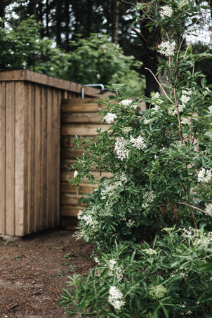 Outdoor shower at Österlen Glamping hidden in trees