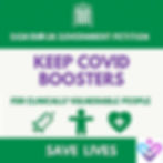 Green petition background and government portcullis
Sign our UK government petition
KEEP COVID BOOSTERS
for clinically vulnerable people
Images:
vaccine syringe, stick person, heart with cross in
SAVE LIVES
Clinically Vulnerable Families logo