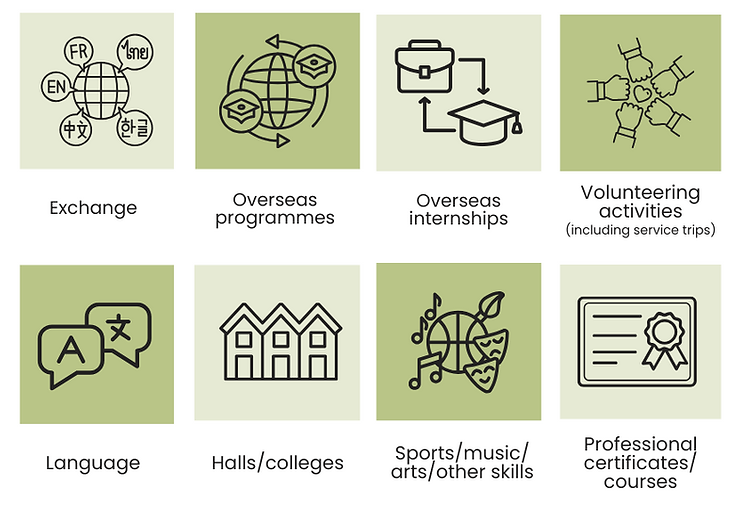 The Fund supports different learning activities including:
1) Exchange
2) Overseas Programmes
3) Overseas Internships
4) Volunteering Activities (including service trips)
5) Language
6) Halls/ Colleges
7) Sports/ Music/ Arts/ Other skills
8) Professional certificates/ courses