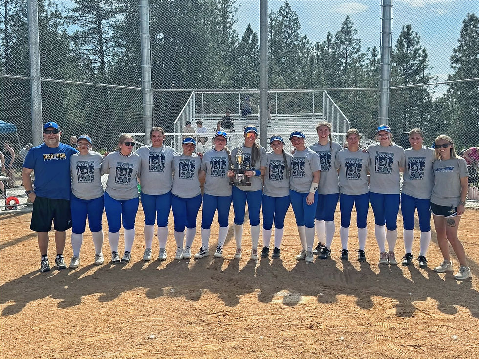 The Deer Park Lady Stags softball team poses with their Greater Spokane League 2A championship trophy following their doubleheader sweep of Pullman on May 2 at Deer Park High School. Photo courtesy Deer Park School District Facebook.