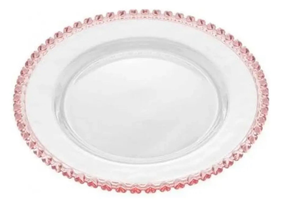 Jogo de pratos rasos de cristal coração borda rosa Lyor 20cm
