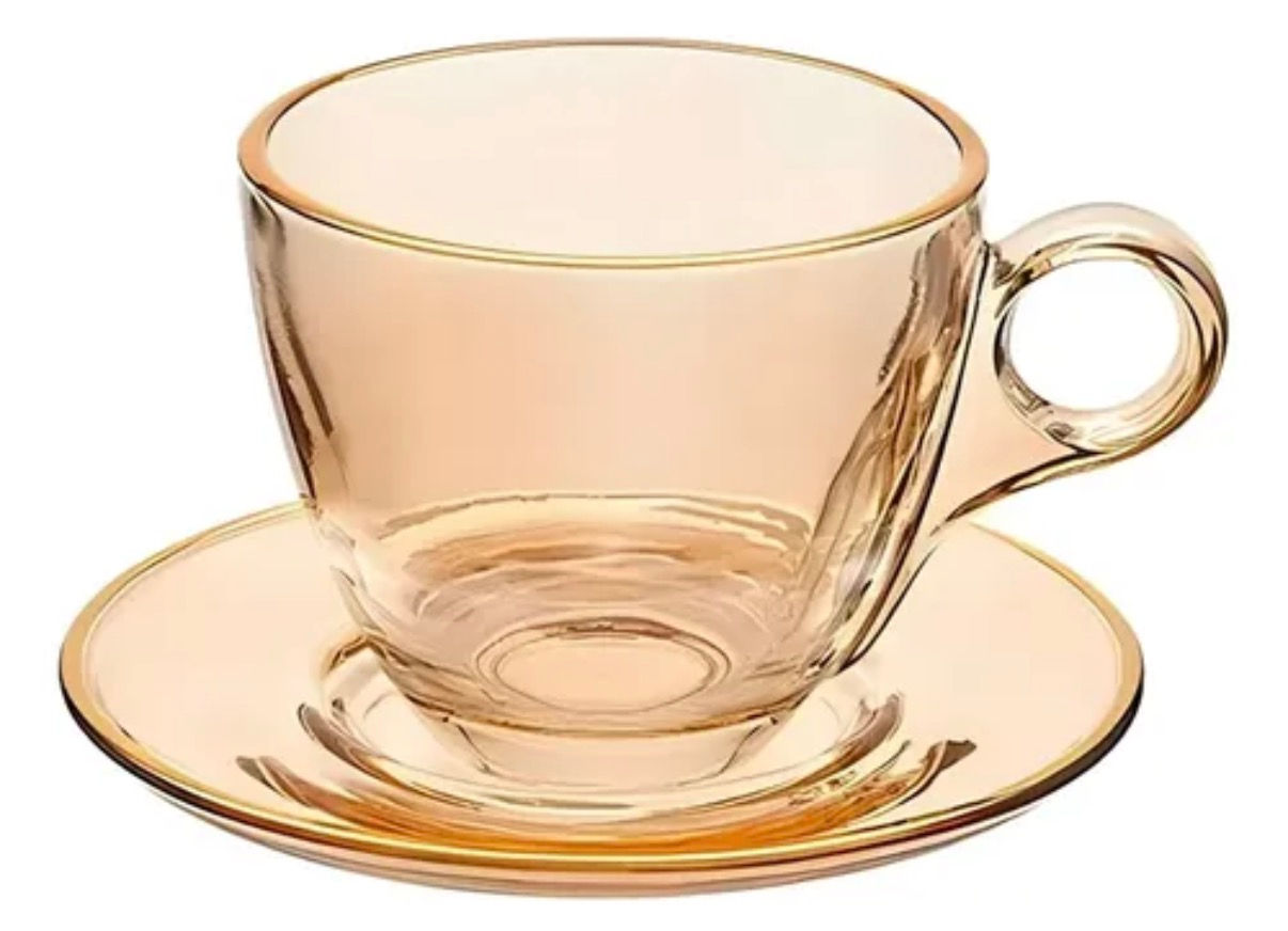 Jogo de xícaras com pires Menfis Âmbar com filete dourado 170ml