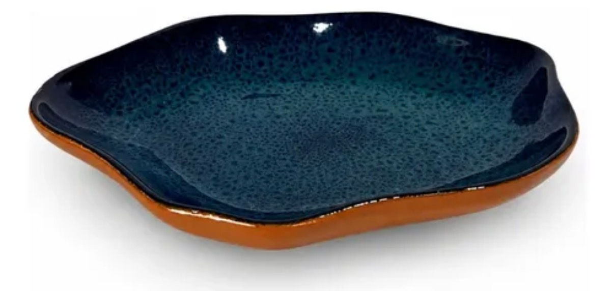 Prato fundo orgânico em cerâmica azul reativo e bordas em terracota 25,5x19cm