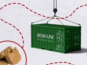 Resin Line International freight container carrying hash worldwide, illustrating the history of hash, with a pressed hash block and a world map of trade routes