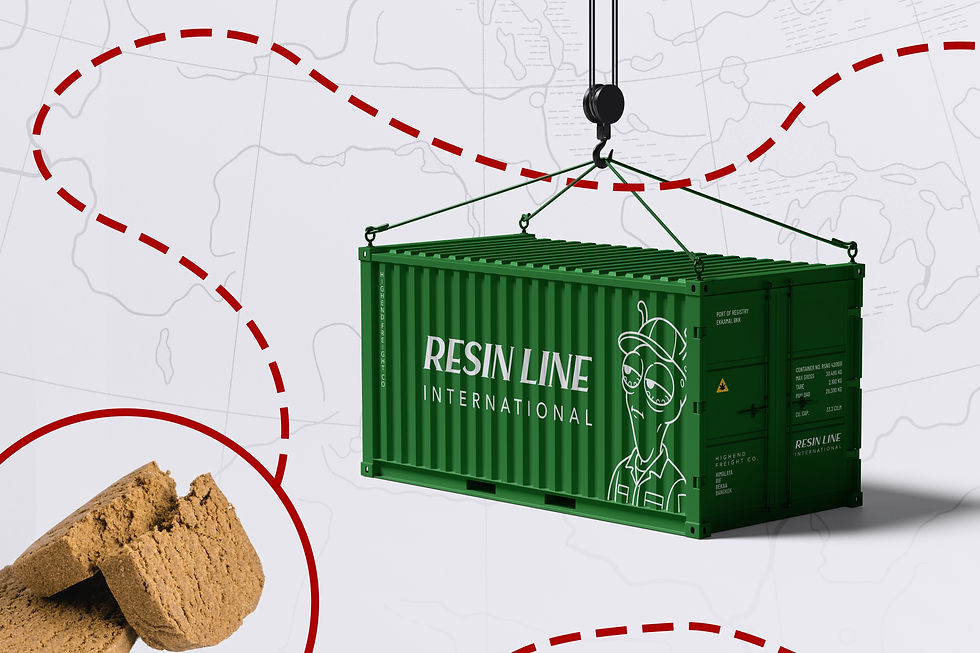 Resin Line International freight container carrying hash worldwide, illustrating the history of hash, with a pressed hash block and a world map of trade routes