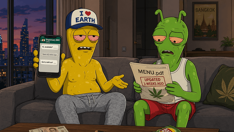 Kevon and Beenie frustrated with Bangkok dispensary delivery — no live menu, outdated PDF, sold out strains and slow WhatsApp replies