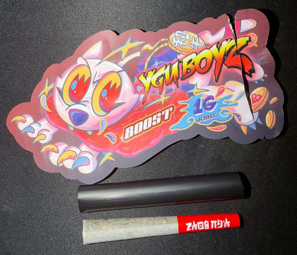 YGU BOYZ BOOST 1G joint with black protective tube and holographic die-cut pouch — available at Highend Bangkok Ekkamai