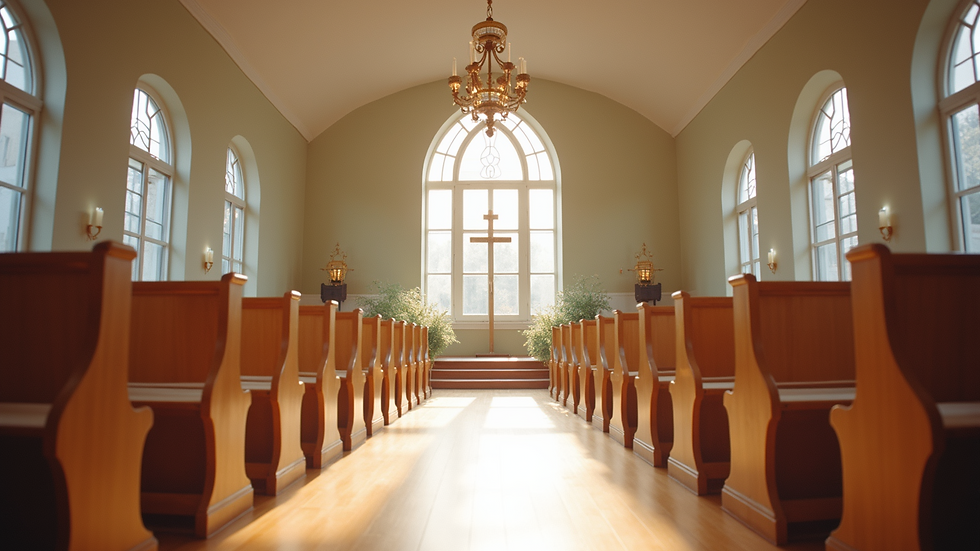 Wide angle view of a decorated community hall ready for a wedding ceremony
