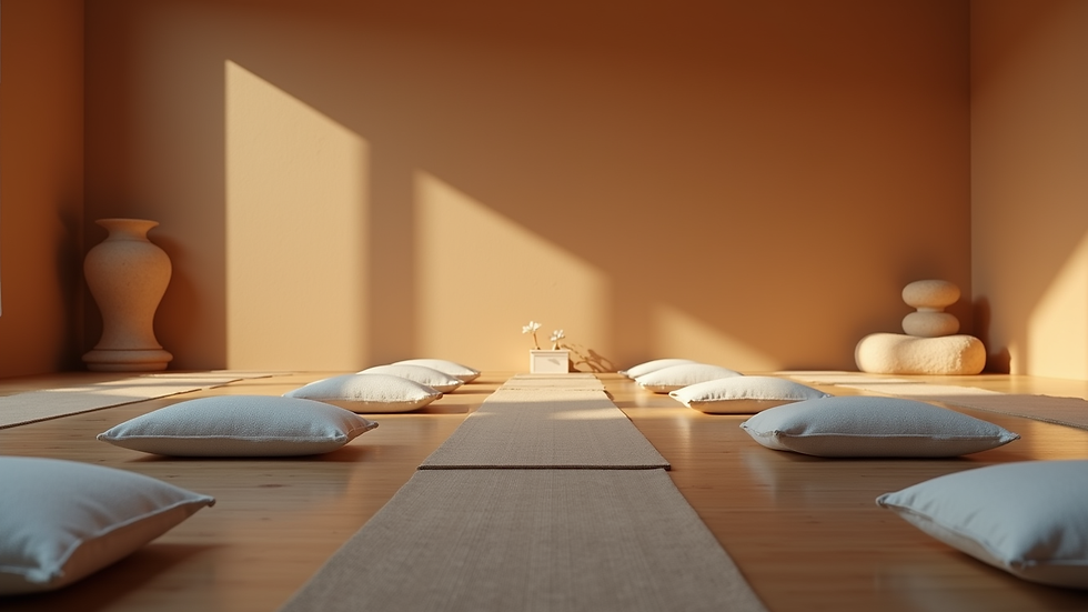Eye-level view of a peaceful meditation hall with cushions arranged neatly