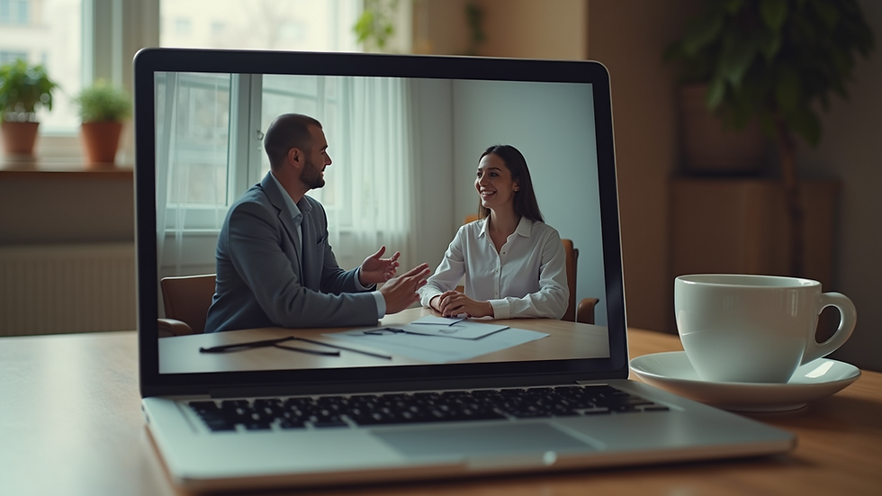 Close-up view of a laptop screen showing a virtual therapy session in progress