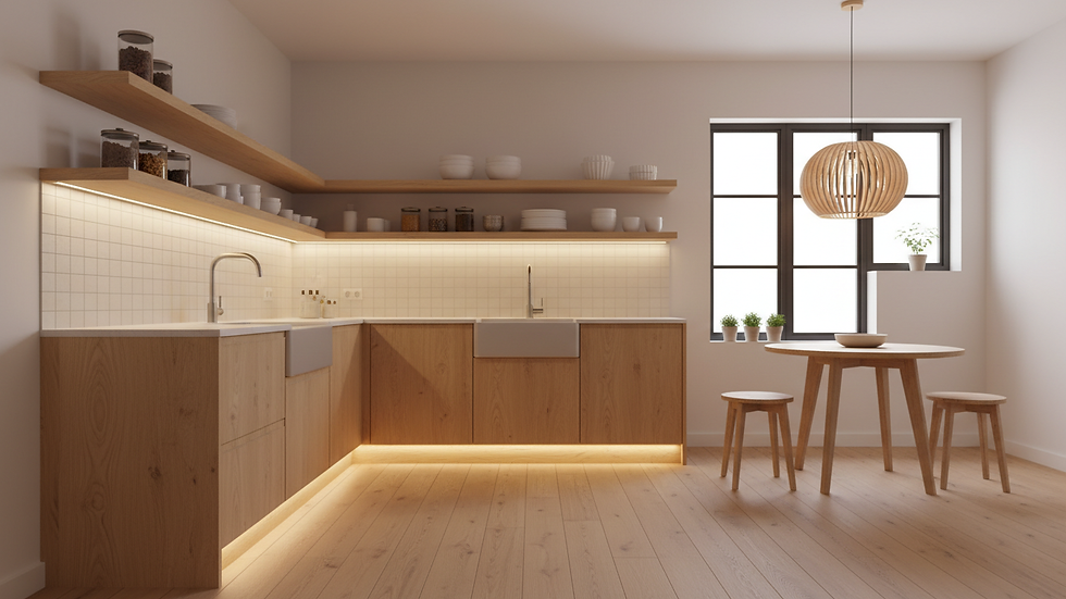Vista a livello di un angolo cucina con finiture in legno naturale e illuminazione LED