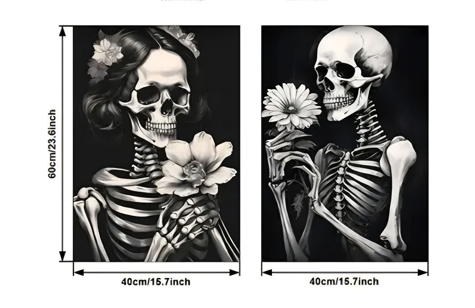Thumbnail: 2D Flat, 2pcs Gothic Floral Skull Canvas Wall Art 