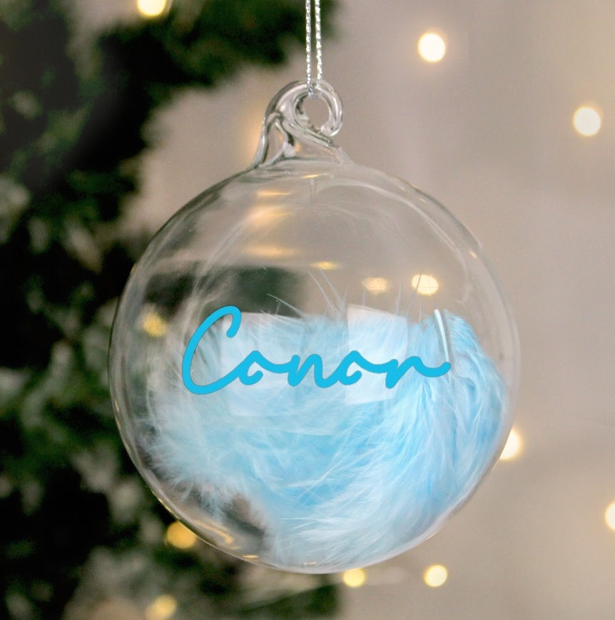 Personalised Blue Feather Bauble