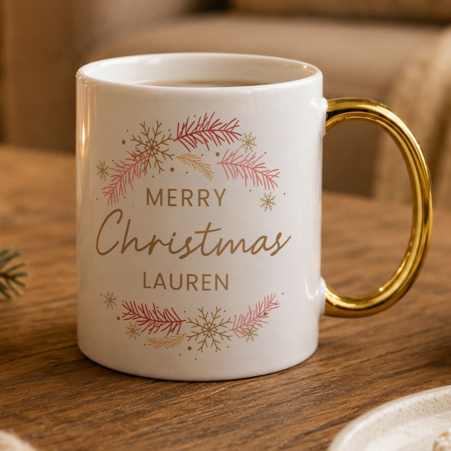 Personalised Pink & Gold Wreath Gold Handled Mug