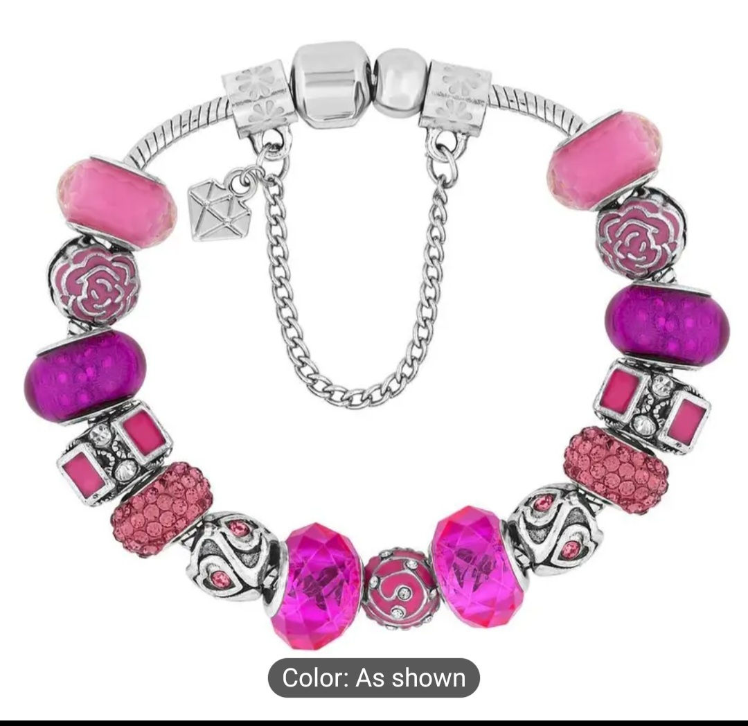Elegant Silver Tone Charm Bracelet with Fuchsia Pink Charms,