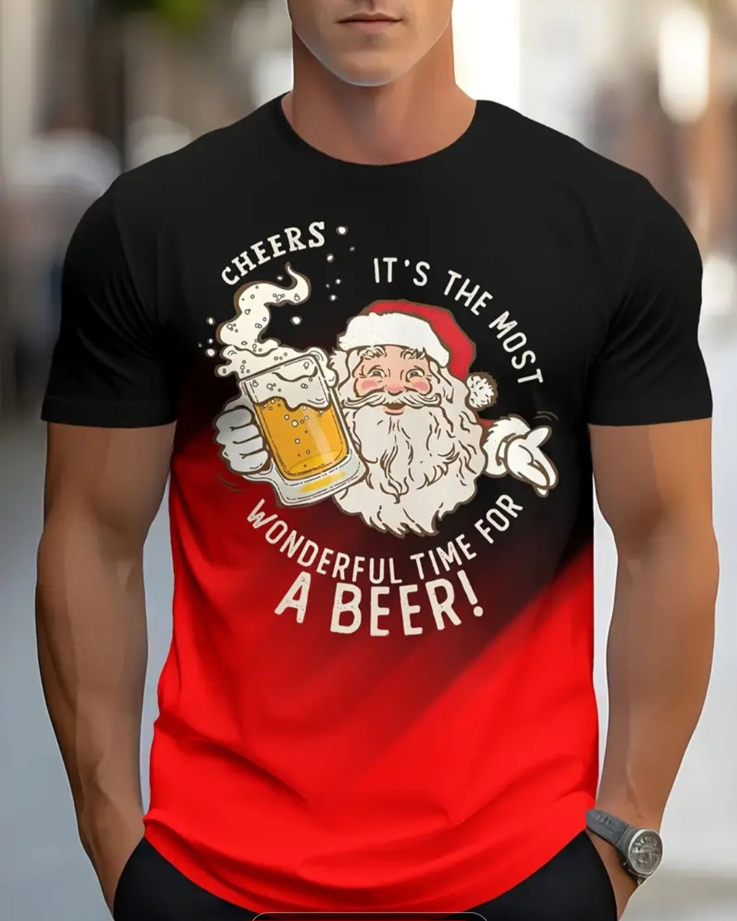 Men'S Festive Santa Beer Mug Graphic T-Shirt