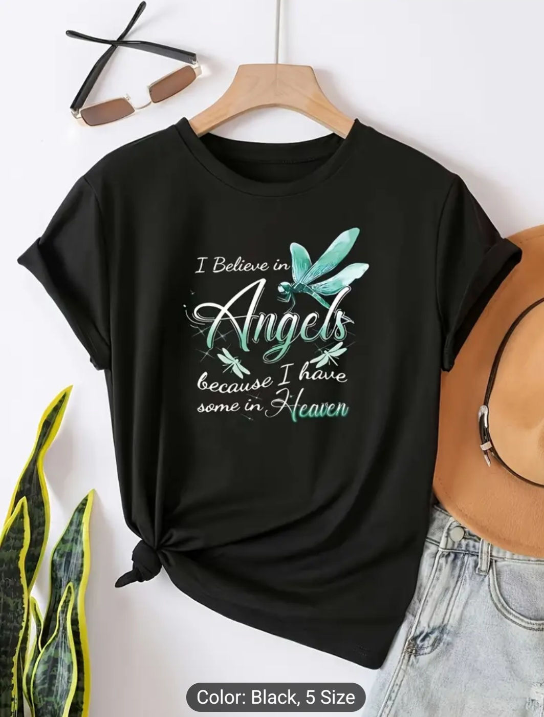 Casual Women's Round Neck Short Sleeve Top with Dragonfly Print